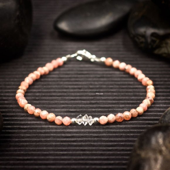 Rhodochrosite and Herkimer Diamond Bracelet - Handmade to Order - Picture 1 of 2